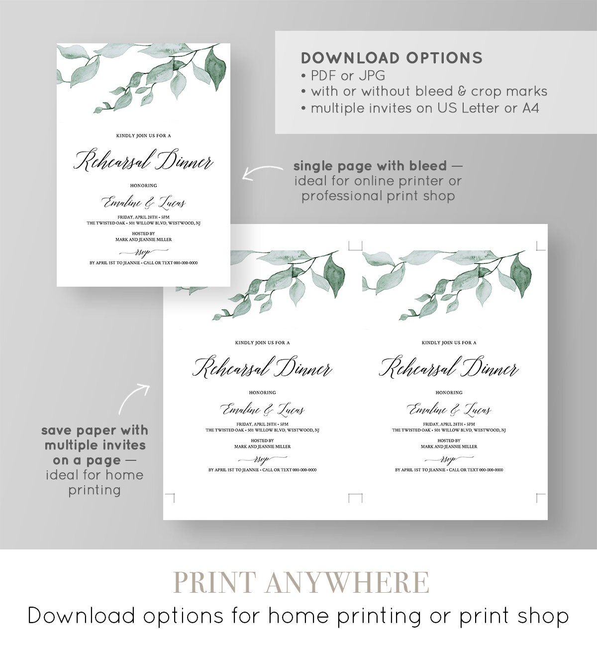 greenery rehearsal dinner invitation template instant