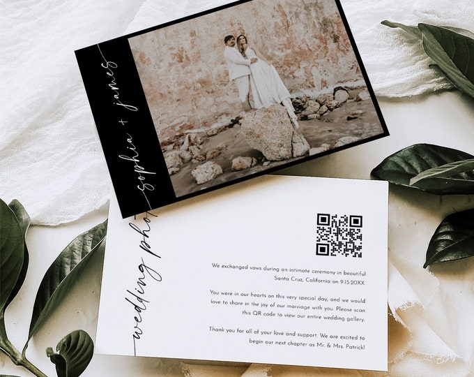 Elopement Announcement, Wedding Photos QR Code Card, Wedding Photo Gallery QR Code Card, Editable Template, Templett, 5x7 #0034B-102WPQR