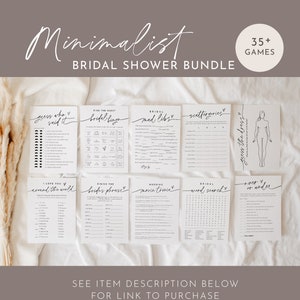 May include: A set of printable bridal shower games with minimalist black and white designs. The games include "Guess Who Said It", "Find the Guest", "Bridal Mad Libs", "Scattergories", "Guess the Dress", "I Love You Around the World", "Finish the Bride's Phrase", "Wedding Movie Trivia", "Bridal Word Search", and "Over or Under".