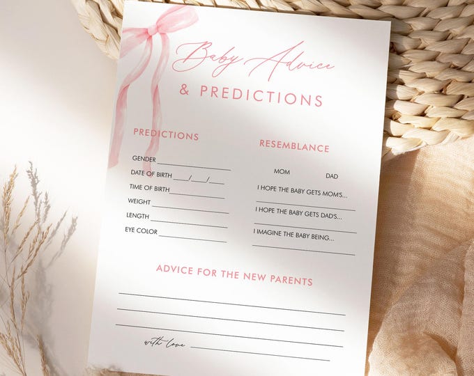 Wishes For Baby Card, Advice & Predictions for Baby, Coquette Bow Girl Baby Shower, Pink Ribbon, Editable Template, Templett #0057-29BAG