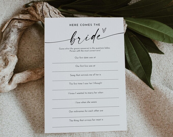 Here Comes the Bride Game, Minimalist Bridal Shower Game, Guess What the Groom Answered, Editable Template, Templett #0034W-39BRG