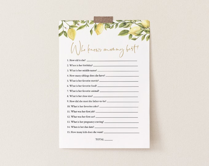 Who Knows Mommy Best, Printable Baby Shower Game, Summer Citrus Lemon Greenery, Editable Template, Instant Download Templett #089-150BASG