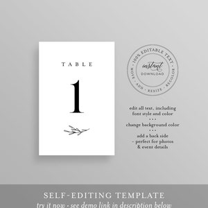 May include: Editable table number template with the number "1" and a small floral design. The text "TABLE" is above the number. The template is 100% editable, including the text, font style, color, and background color. It also includes a back side for photos and event details.