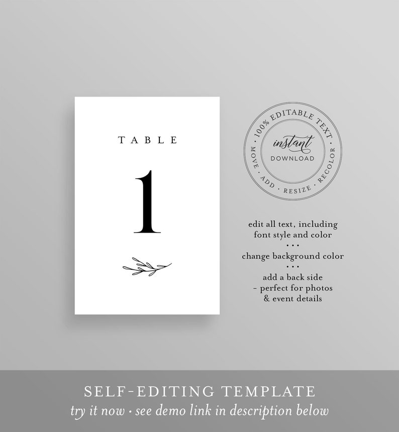 May include: Editable table number template with the number "1" and a small floral design. The text "TABLE" is above the number. The template is 100% editable, including the text, font style, color, and background color. It also includes a back side for photos and event details.