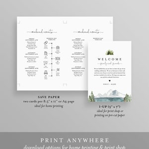 May include: Printable wedding weekend schedule and welcome card with a watercolor mountain and forest scene. The schedule includes a timeline of events for Friday, Saturday, and Sunday. The welcome card includes the text "Welcome family and friends" and the names Emily and Mark.
