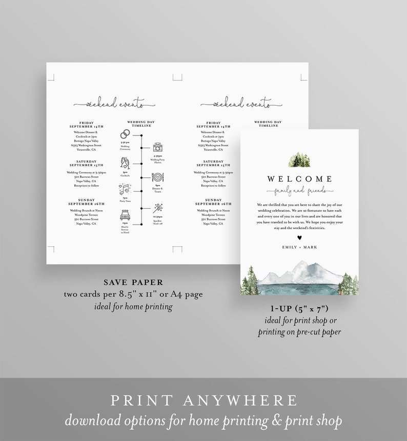 May include: Printable wedding weekend schedule and welcome card with a watercolor mountain and forest scene. The schedule includes a timeline of events for Friday, Saturday, and Sunday. The welcome card includes the text "Welcome family and friends" and the names Emily and Mark.