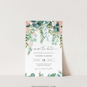 Lush Garden Save the Date Template, 100% Editable Text, Greenery & Blush Floral Wedding Date, Templett, Instant Download 068A-182SD image 2