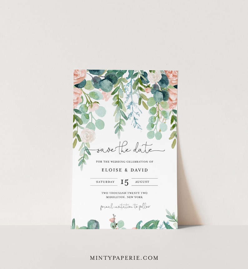 Lush Garden Save the Date Template, 100% Editable Text, Greenery & Blush Floral Wedding Date, Templett, Instant Download 068A-182SD image 2