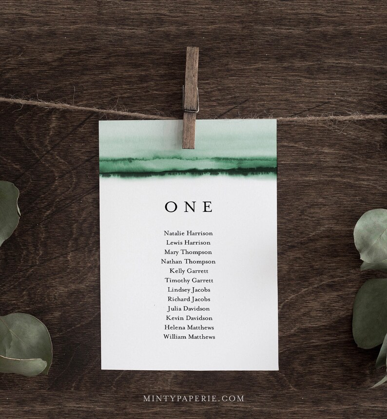 Emerald Green Watercolor Seating Chart Template Wedding Etsy