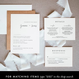 May include: Wedding invitation suite with a white background and black text. The invitation card features the names "Gemma + Lucas" and the wedding date "Saturday, June Twenty Eighth". The details card includes information about the reception, accommodations, and a response card with RSVP options.