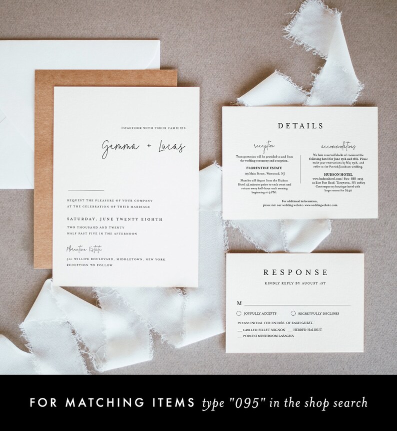 May include: Wedding invitation suite with a white background and black text. The invitation card features the names "Gemma + Lucas" and the wedding date "Saturday, June Twenty Eighth". The details card includes information about the reception, accommodations, and a response card with RSVP options.