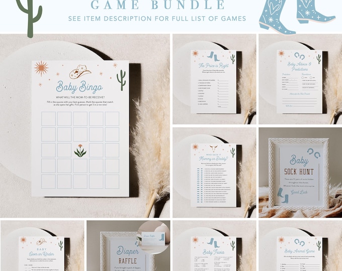 Western Baby Shower Game Bundle, 28 Games, Cowboy, Rodeo, Boy Baby Shower, Editable Template, Instant Download, Templett #0040-BBGB