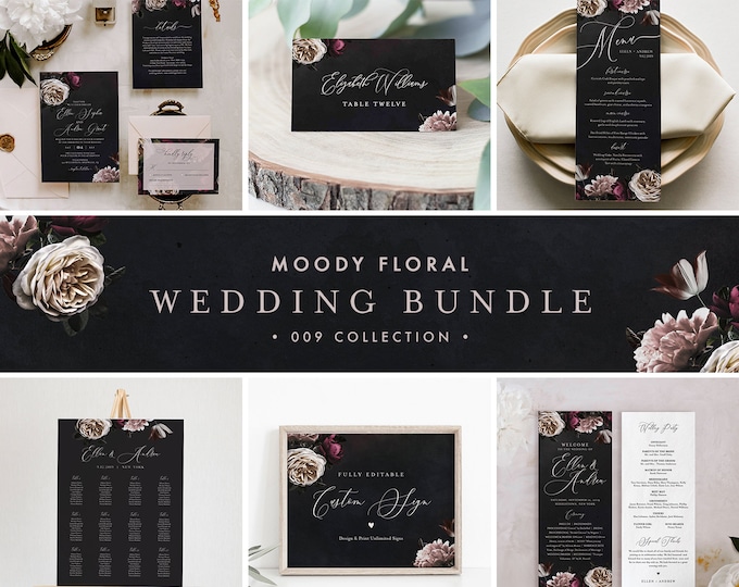 Moody Floral Wedding Bundle, Invitation Suite, Editable Templates, Blush & Purple Vintage Floral, Instant Download, Templett #009-BUNDLE