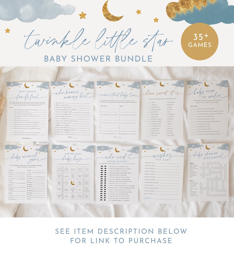 May include: A set of printable baby shower games with a blue and gold color scheme. The games include "Baby Shower Bingo", "Who Knows Mommy Best", "Name That Baby Tune", "How Sweet It Is", "Baby Shower Crossword", "Baby Animal Guessing Game", "Find The Guest Baby Bingo", "Who Said It", and "Wishes For Baby".