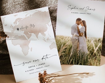 Map Save the Date Template, Destination Wedding Save the Date, Watercolor World Map, Travel, 100% Editable, Templett, 5x7 #0039-211SD