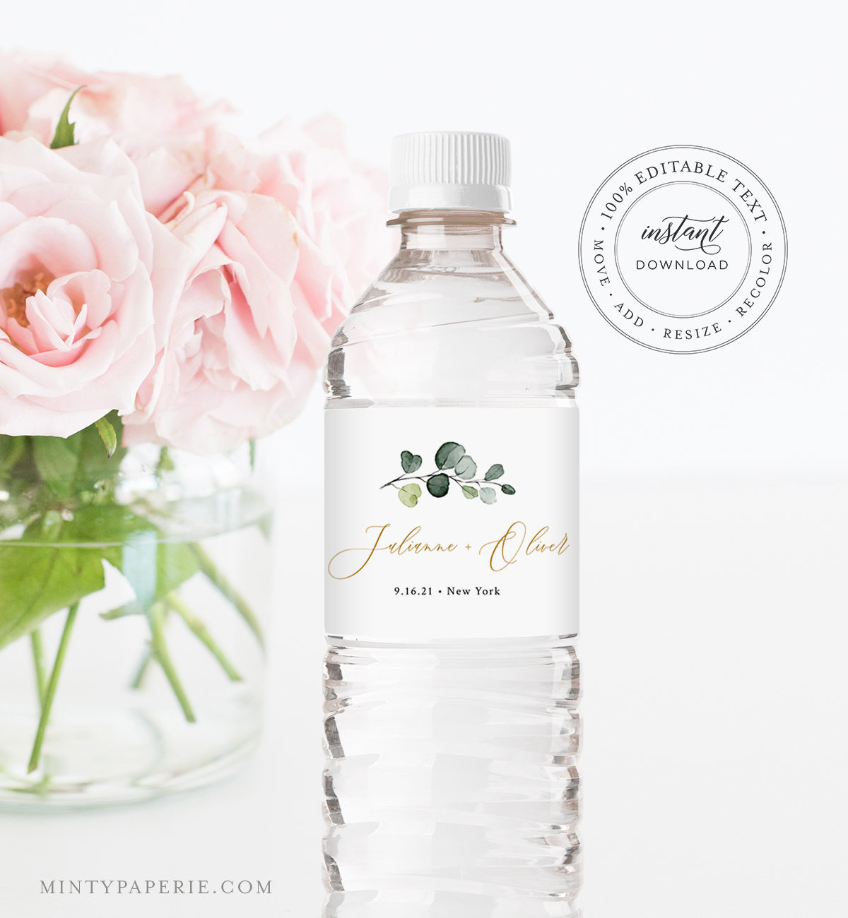 Greenery Water Bottle Label Template, Wedding Water