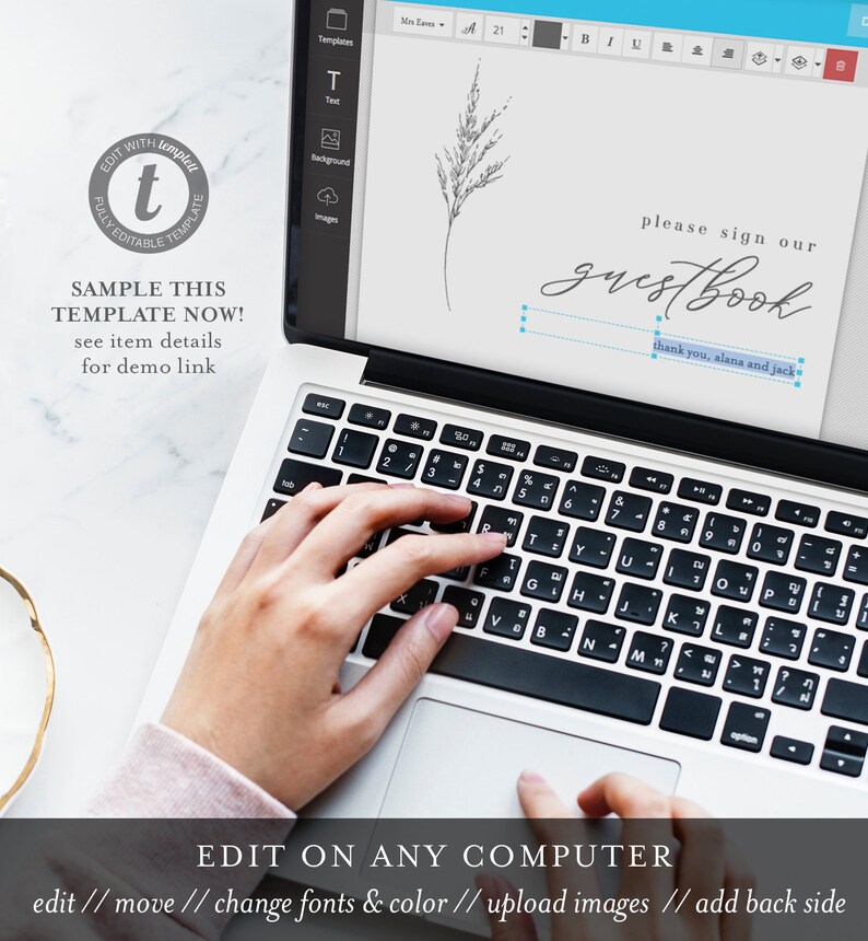 Pode incluir: Um ecr&atilde; de computador port&aacute;til a mostrar um modelo de sinal de livro de visitas de casamento com um desenho de linha simples de uma planta de erva. O texto no ecr&atilde; diz "please sign our guestbook" e "thank you, alana and jack".