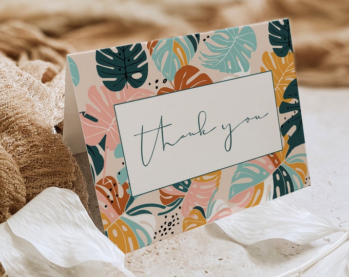 Tropical Thank You Card, Aloha Luau Birthday, Baby Shower Thank You Note, Editable Template, Flat & Tent Cards, Templett, 3.5x5 #0043-221TYC