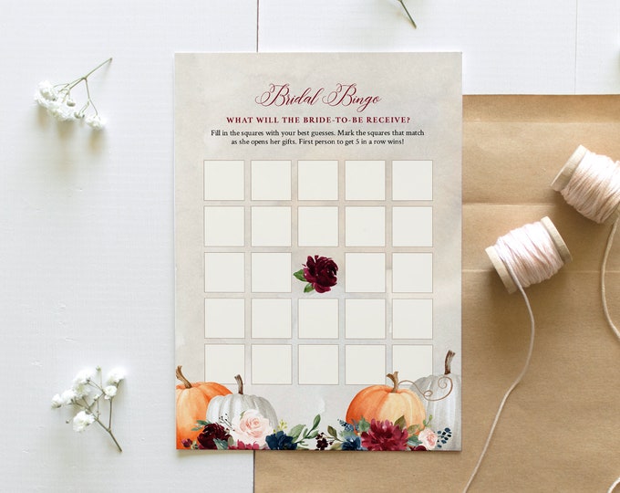 Pumpkin Bridal Shower Bingo Game, Printable Fall Bridal Shower Game, Personalized Bingo, Editable Template, Instant Download #072A-326BG