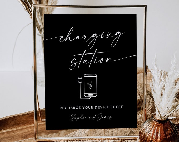 Charging Station Sign, Wedding Charging Station, Phone Charging, Power Bar, Charge Device, Classic Black Wedding, Editable, 8x10 #0034B-37S