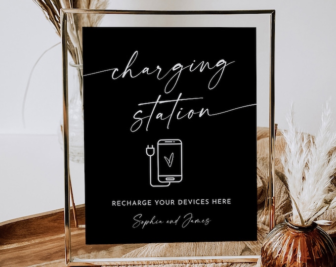 Charging Station Sign, Wedding Charging Station, Phone Charging, Power Bar, Charge Device, Classic Black Wedding, Editable, 8x10 #0034B-37S