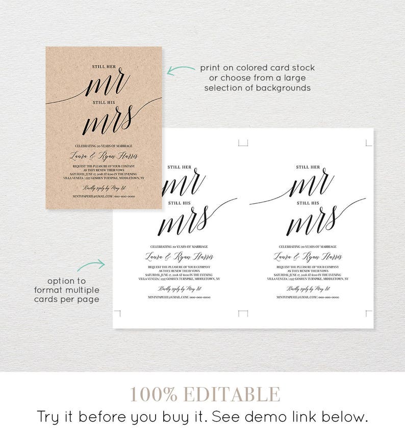 100/% Editable Template Mr and Mrs INSTANT DOWNLOAD Renew Vows Vow Renewal Invitation Template Wedding Anniversary Digital #034-108VR