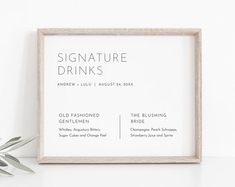 Minimalist Signature Drinks Sign, Editable Template, Printable Signature Cocktails, Alcohol, Drink, Bar Menu, INSTANT, 8x10 #094-31S