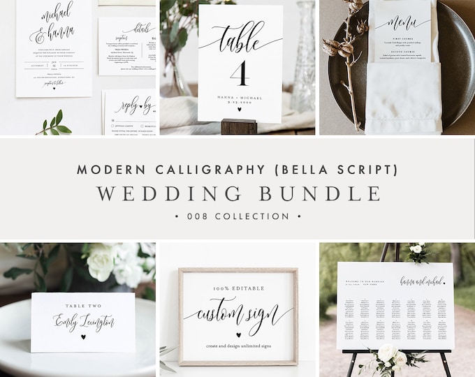 Modern Calligraphy Wedding Bundle, Wedding Invitation Suite + Essentials, 100% Editable Template, Instant Download, Templett #008-BUNDLE