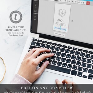 May include: A laptop computer with a white keyboard and a screen displaying a thank you card template. The template is a light blue color with a gray and white floral design. The text on the card reads "Thank you" and includes a message of gratitude. The text "Add a blank page" is visible at the bottom of the screen.