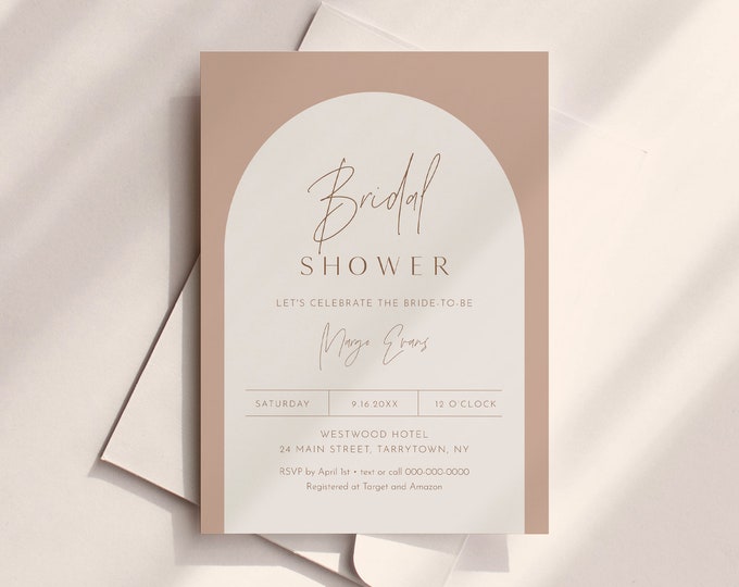 Minimal Arch Bridal Shower Invitation Template, Boho, Terracotta Couples Shower Invite, Wedding Shower, 100% Editable, Instant #0029-311BS