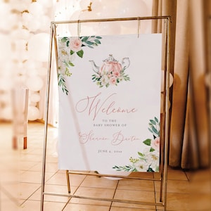 Tea Party Welcome Sign Template, Printable Baby Shower Tea Party Poster, Blush Floral, Editable, Instant Download, Templett #085C-154LS