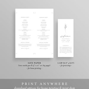 May include: Printable wedding ceremony program template with a minimalist design. The program includes a welcome message, wedding party list, special thanks, and ceremony details. The program is available in two sizes: 8.5 x 11 inches for home printing and 3.5 x 8.5 inches for print shops.