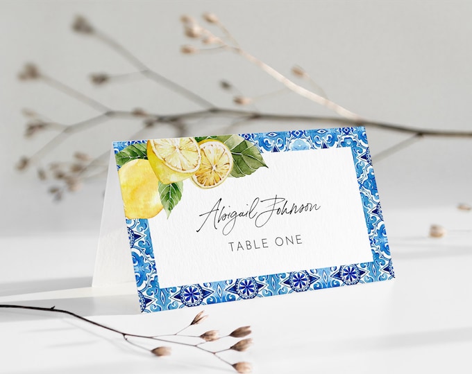 Lemon Place Card Template, Printable Citrus Summer Wedding Escort Card & Meal Option, Instant Download, Editable, Templett #0027-208PC