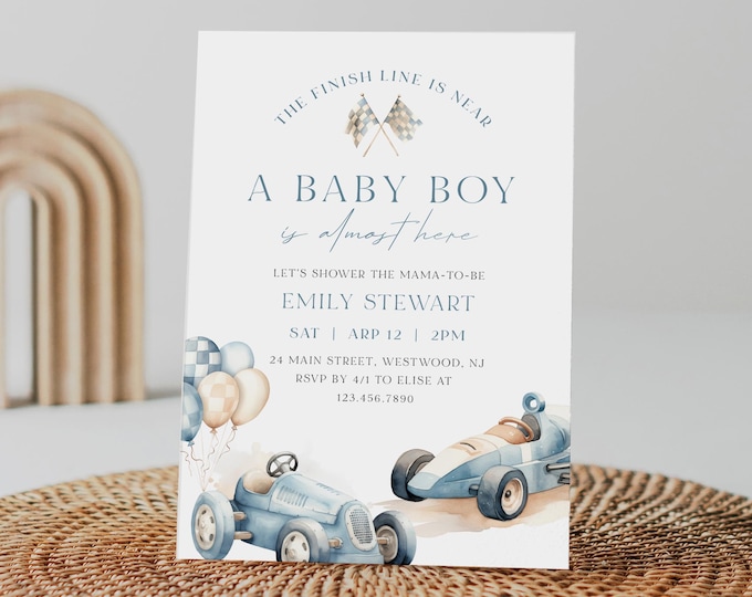 Race Car Baby Shower Invitation, Vintage Car, Racer, Racing, Pit Stop, Raceway, Boy Baby Shower, Editable Template, Templett #0068-260BA
