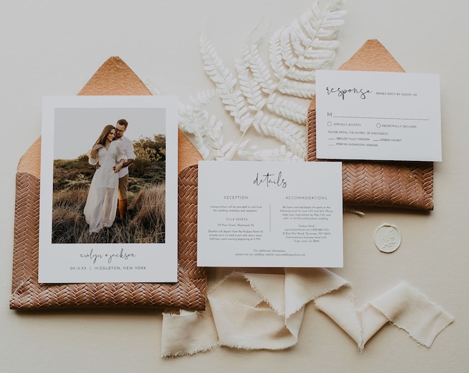 Minimalist Wedding Invitation Set, Elegant, Modern, Photo Card, 100% Editable Template, Includes Invite, RSVP, Detail, Templett #0031B