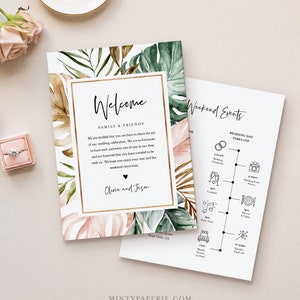 Carta de boas-vindas tropical e modelo de itinerário, ordem de eventos para casamento na praia, linha do tempo da bolsa de boas-vindas, DOWNLOAD INSTANTÂNEO, Templett #087-135WB