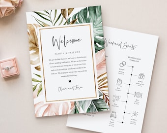 Tropical Welcome Letter & Itinerary Template, Beach Wedding Order of Events, Welcome Bag Timeline, INSTANT DOWNLOAD, Templett #087-135WB