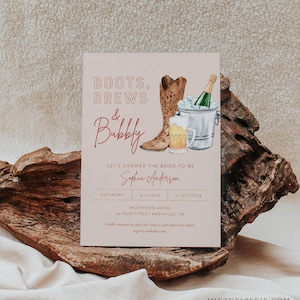 Boots, Brews & Bubbly Couples Shower Invitation Template, Western Bridal Shower Invite, Beer, Champagne Printable, Editable #055-333BS