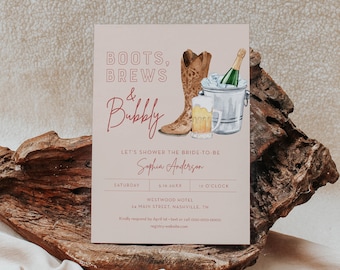 Boots, Brews & Bubbly Couples Shower Invitation Template, Western Bridal Shower Invite, Beer, Champagne Printable, Editable #055-333BS