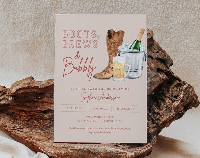 Boots, Brews & Bubbly Couples Shower Invitation Template, Western Bridal Shower Invite, Beer, Champagne Printable, Editable #055-333BS