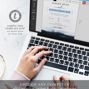 May include: A laptop computer with a wedding invitation displayed on the screen. The invitation is for Joseph Ryan and Alexandria Rae, with a blue watercolor background. The text on the invitation reads "Request the pleasure of your company at the ceremony of their wedding. Saturday, June 15, 2020, 1:00 o'clock. Villa Venezia, 301 Willow Boulevard, Middletown, NY."