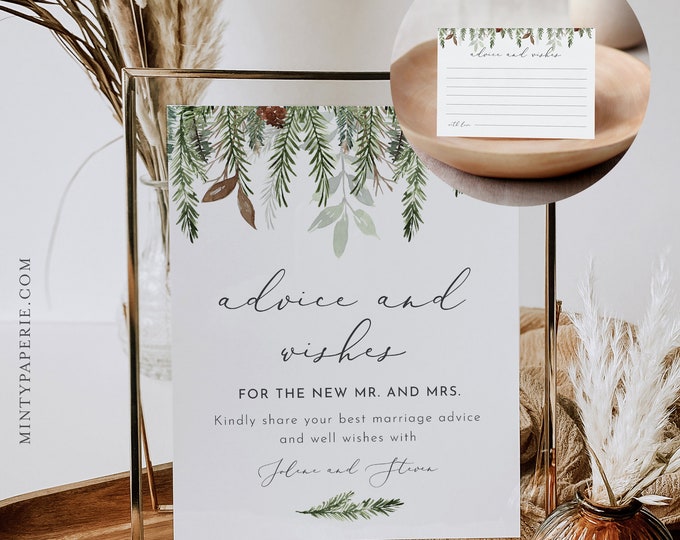 Advice & Wishes Sign and Card, Well Wishes, Winter Pine Bridal Shower, Wedding, Editable, Templett, 8x10 Sign, 3.5x5 Card #0017-131AC