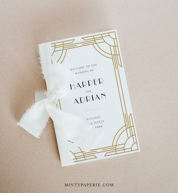 Art Deco Wedding Program Template, Editable Minimal Retro Script Order of Service, Catholic Ceremony, Instant Download, Templett #0021-144WP