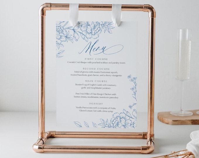 French Toile Menu, Printable Chinoiserie Wedding Dinner Menu Card, Vintage Floral, Editable Template, Instant Download, Templett #0062-166WM
