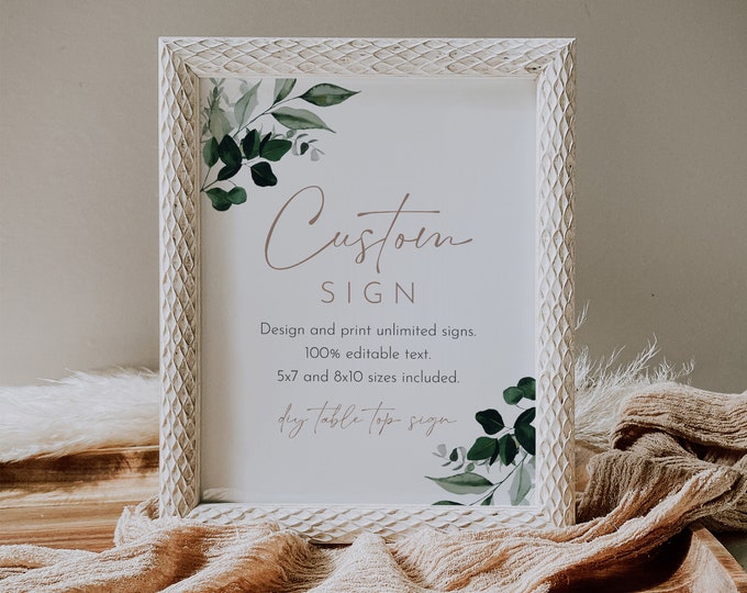 Greenery Custom Sign Template, Wedding or Bridal Shower Table Sign, Modern Script, Create Any Sign, Instant Download Templett #033-206CS