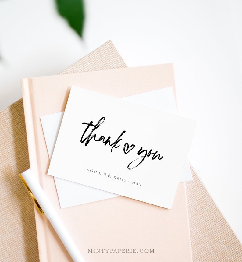 Editable Template Modern Script Thank You Folded Card Heart Wedding Bridal Shower Note Templett #090-154TYC Instant Download