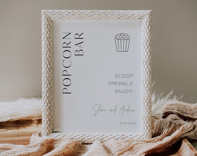 Popcorn Bar Sign, Party Poppin, Popcorn Station, Minimalist Wedding / Bridal / Baby Shower, Editable Template, Instant Download  #0026B-24S