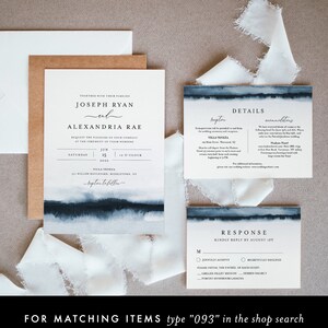 May include: A wedding invitation suite with a watercolor background in shades of blue. The invitation features the names "Joseph Ryan" and "Alexandria Rae" with the date "June 15, 2020" and the time "6 o'clock". The invitation also includes the venue "Villa Veneza" and the address "101 Willow Boulevard, Middletown, NY". The response card includes a RSVP deadline of August 1st and meal choices: "Grilled Filet Mignon", "Herb Halibut", and "Porcini Mushroom Lasagna".