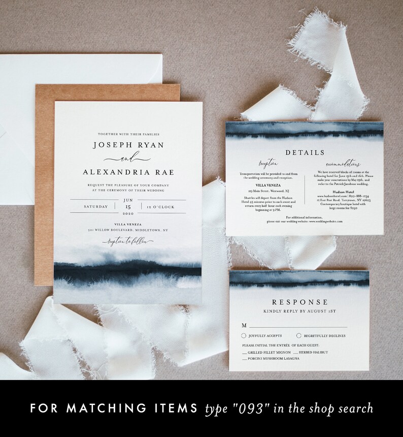 May include: A wedding invitation suite with a watercolor background in shades of blue. The invitation features the names "Joseph Ryan" and "Alexandria Rae" with the date "June 15, 2020" and the time "6 o'clock". The invitation also includes the venue "Villa Veneza" and the address "101 Willow Boulevard, Middletown, NY". The response card includes a RSVP deadline of August 1st and meal choices: "Grilled Filet Mignon", "Herb Halibut", and "Porcini Mushroom Lasagna".