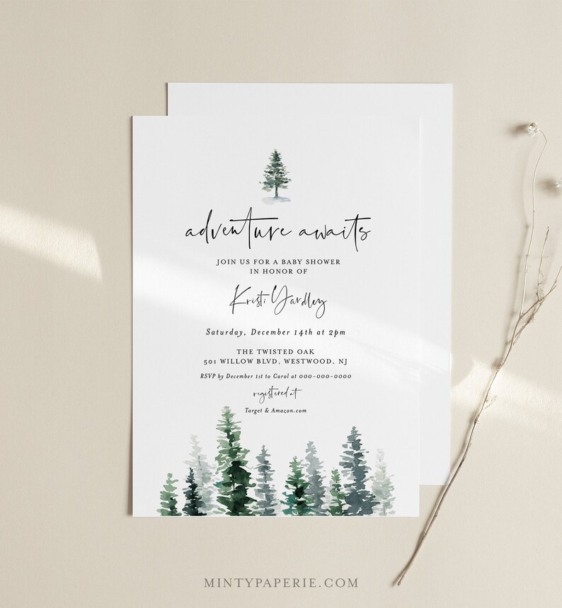 Baby Shower Invitation, Rustic Pine Tree Winter Baby Shower, Adventure Awaits, Editable Template, INSTANT DOWNLOAD, Templett 073-133BA image 1